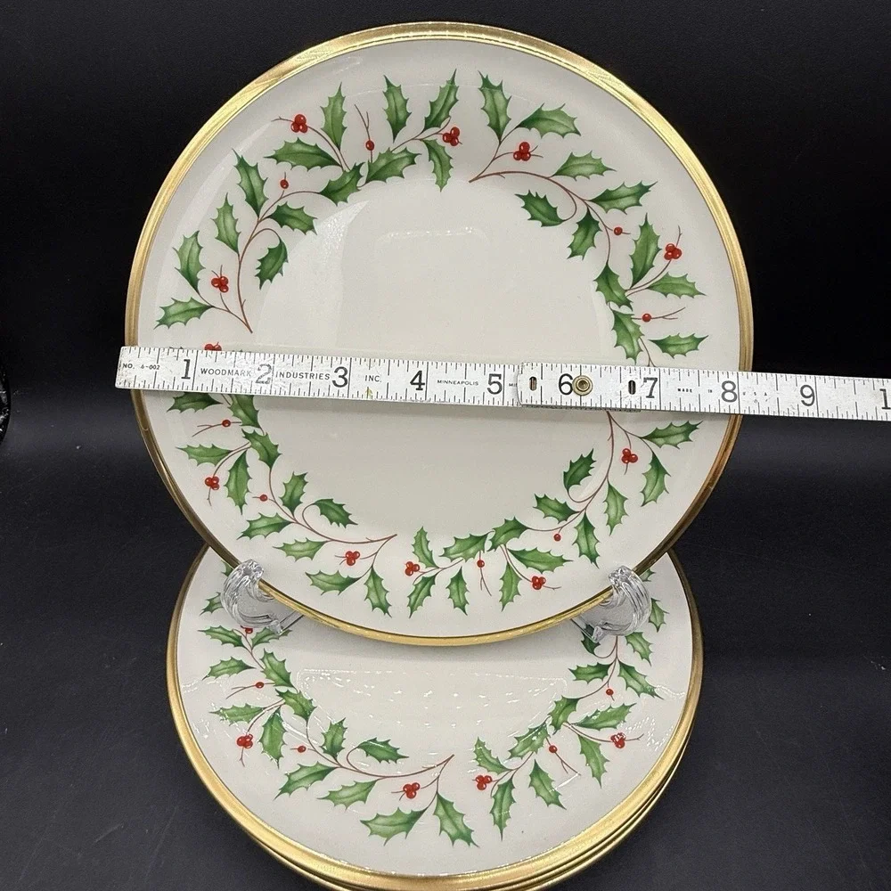 4 Lenox Holiday‎ Dimension Salad Plate Holly Berries Gold Rim Christmas MINTY